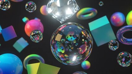 Abstract geometric shapes float and reflect light in a dark space. - Powered by Adobe