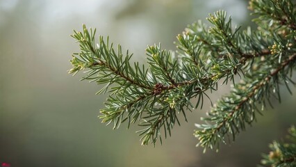 A close-up of a pine branch with green needles, natural outdoor background with soft lighting.
