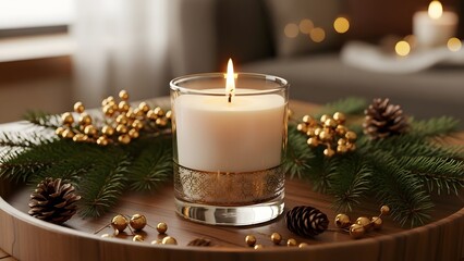 Elegant Holiday Candle Jar Mockup on Wooden Tray