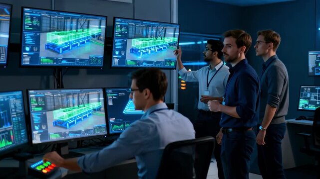 Medium shot of engineers analyzing realtime digital twin models on multiple screens monitoring structural behavior and performance in a dynamic virtual environment.