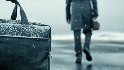 A professional individual strides forward in a snowy setting, balancing business commitments with personal belongings in hand