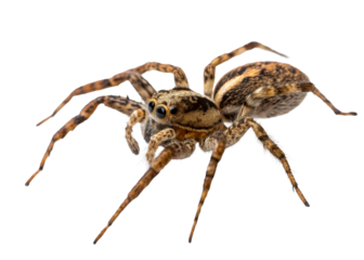Close up extreme detail of a small jumping spider with eight large eyes and striped legs on a light surface, perfect for natural science and entomology themes.