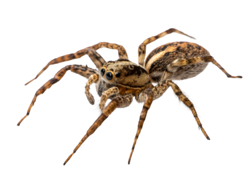 Close up extreme detail of a small jumping spider with eight large eyes and striped legs on a light surface, perfect for natural science and entomology themes.