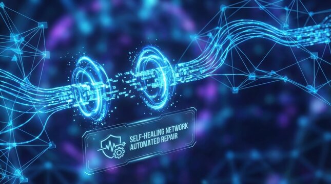 Self-healing network concept with automated repair, showing data flow through glowing digital tunnels. Future of network maintenance and data center management.
