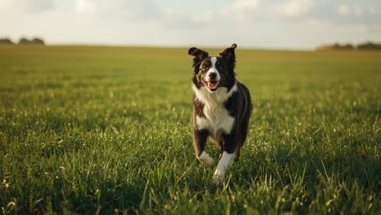 A happy Border Collie running toward the camera across a green grassy field on a bright day.
