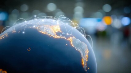 Global Connectivity: A luminous globe is networked, symbolizing international connections, communication, and technological advancement, highlighting the world's interconnectedness. 