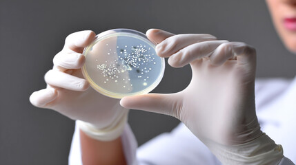 Scientist in gloves holding petri dish with bacterial colonies during laboratory analysis of infant botulism outbreak, close-up
