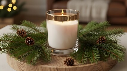 Luxury Holiday Candle Mockup with Pine Branch Decor