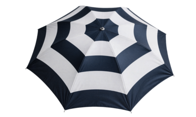 Navy-white striped pagoda umbrella, perfect for bold nautical and preppy fashion statements.