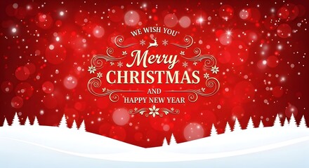 Red christmas and new year background with golden holiday text, falling snow, bokeh, snowy landscape, and pine trees, ideal for festive season