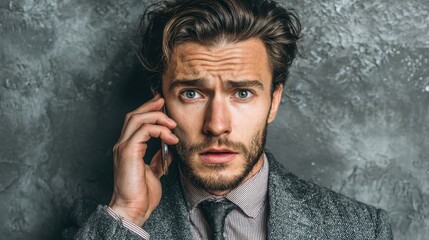 Concerned businessman receives unknown phone call, potential fraud or phishing attempt, close-up shot highlighting worries about scam threat
