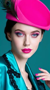 Close-up of a stylish woman wearing a bright pink hat adorned with a peacock feather. She has striking pink eye makeup, lipstick, and nails, complemented by a teal outfit and background.
