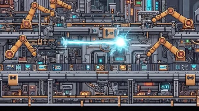 Pixelated factory interior with robotic arms, conveyor belts, and digital displays