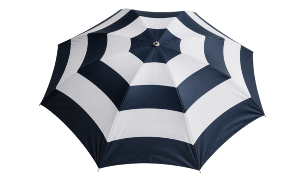 Navy-white striped pagoda umbrella, perfect for bold nautical and preppy fashion statements.