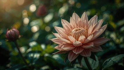 A large pink lotus flower in bloom among green foliage with bokeh light effects.