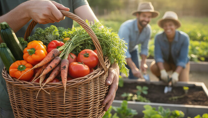 Close-up wicker basket overflowing with freshly harvested organic vegetables, and a happy farmers couple working in the garden in background. Harvest, gardening and growing healthy and bio food