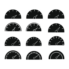 Collection of black speedometer icons isolated on white background, various styles