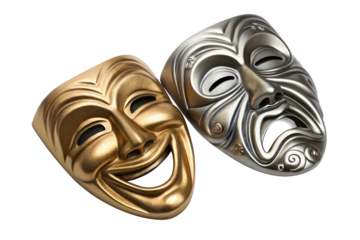 Tragedy and comedy theater masks symbolize duality of human emotion, drama and performance, used for acting or stage productions.