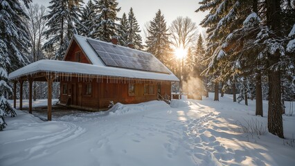 Snow-covered cabin with solar panels surrounded by winter trees and sunlight shining through.