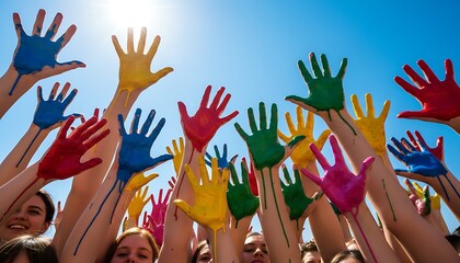 A diverse group of people with their hands raised in the air wearing colorful gloves celebrating under a bright blue sky with the sun shining