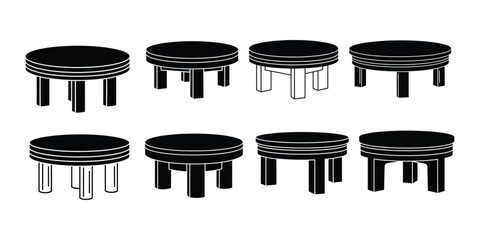 Collection of eight black and white round tables isolated on white background