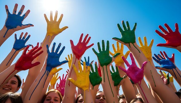 A diverse group of people with their hands raised in the air wearing colorful gloves celebrating under a bright blue sky with the sun shining
