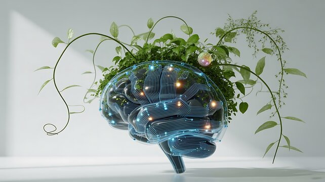 Artificial intelligence brain with growing greenery and glowing lights