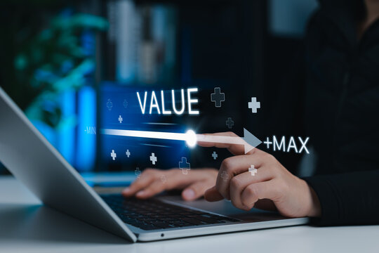 Business Value Added Concept. Businessperson adjusting virtual slider to maximize performance, value increase, service enhancement, company value added, add mindset, and strategic business growth.