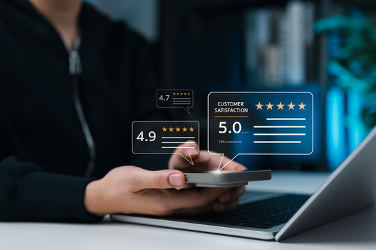 Customer satisfaction concept. Woman using smartphone with review 5 stars and feedback scores representing excellent service, quality assurance, brand reputation, consumer trust in digital platforms,