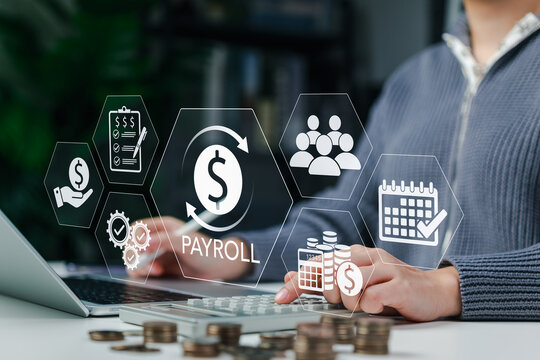 Payroll Management and Salary Processing System. Businesswoman calculates payroll, with icons representing employee salaries management, payment scheduling, efficient payroll, financial documentation,