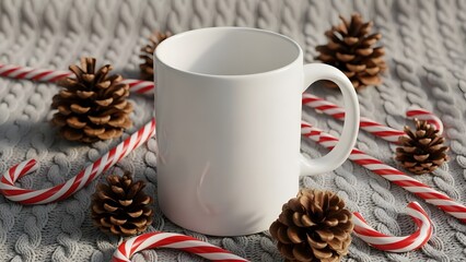 Blank Holiday Mug Mockup with Candy Canes & Pinecones