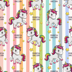 Seamless Pattern Cute Pony Unicorn With Stars On Rainbow Background. Vector Cartoon Illustration