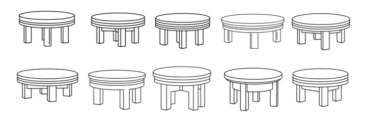 Ten round tables with different leg designs isolated on white background