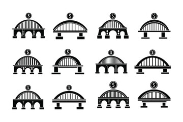 Collection of bridge icons silhouette on white background in black color