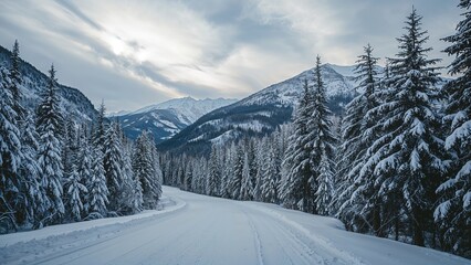 Fototapeta premium Snow-covered mountain landscape with pine trees and a winding road under a cloudy sky. Mountain scenery, winter, forest, travel.
