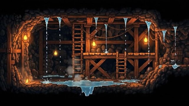 A pixel art dungeon shows a cavern with water, ladders, wooden beams, lanterns, and stalactites
