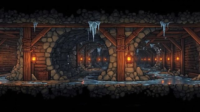 Pixel art tunnel with wooden supports, glowing lanterns, ice stalactites, and wet ground