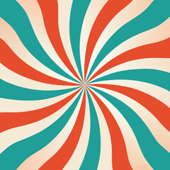 Swirling retro sunburst background in red, teal, and cream