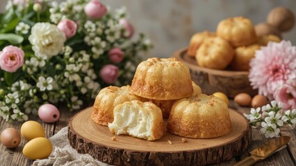 Fototapeta premium Pastries with floral decoration and eggs on a rustic wooden surface