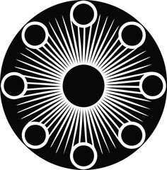 Abstract black and white radial design with circles and radiating lines