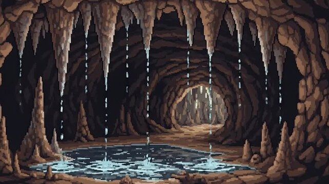Pixel art depiction of a cave interior with stalactites, dripping water, and a pool