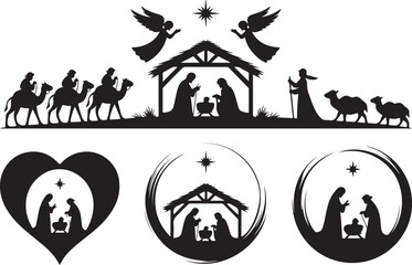 Fototapeta premium Set of holy Christmas scene with silhouettes christian Nativity. Holiday concept collection with traditional characters holy night. Vector illustration of sacred elements for holiday cards