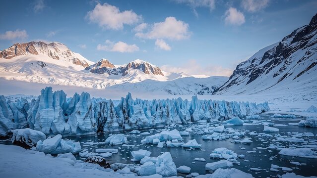 Snow-covered mountains and glacier ice with floating icebergs and a partly cloudy sky. Natural scenery and cold environment. The concept of arctic landscape and glacial formation.
