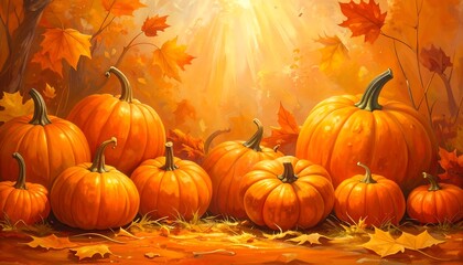 Fototapeta premium A vibrant autumnal scene of pumpkins basking in golden sunlight amongst falling leaves. The composition is warm and inviting