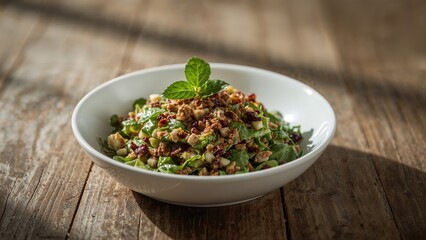 Fresh salad with chopped vegetables and herbs, garnished with mint leaves in a white bowl on wooden table. Healthy food and vegetarian meal concept.