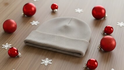 Blank Winter Hat Mockup with Christmas Decor