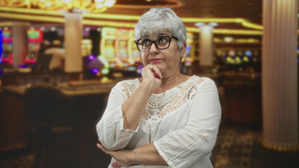 Woman senior grey hair wearing glasses and white lace blouse, hand on chin thoughtful at slot machines in casino building; contemplation patience.