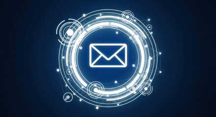 Digital envelope icon within glowing futuristic circular interface on dark blue background