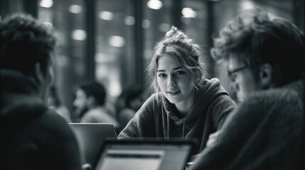 University students enjoy collaborative learning in a library study group, working on a laptop and smiling, showcasing campus life and academic teamwork