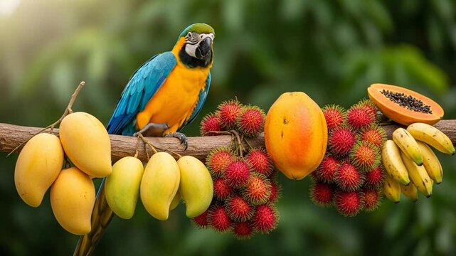 Vibrant macaw perched amidst exotic fruits on a tree branch, a colorful tropical paradise